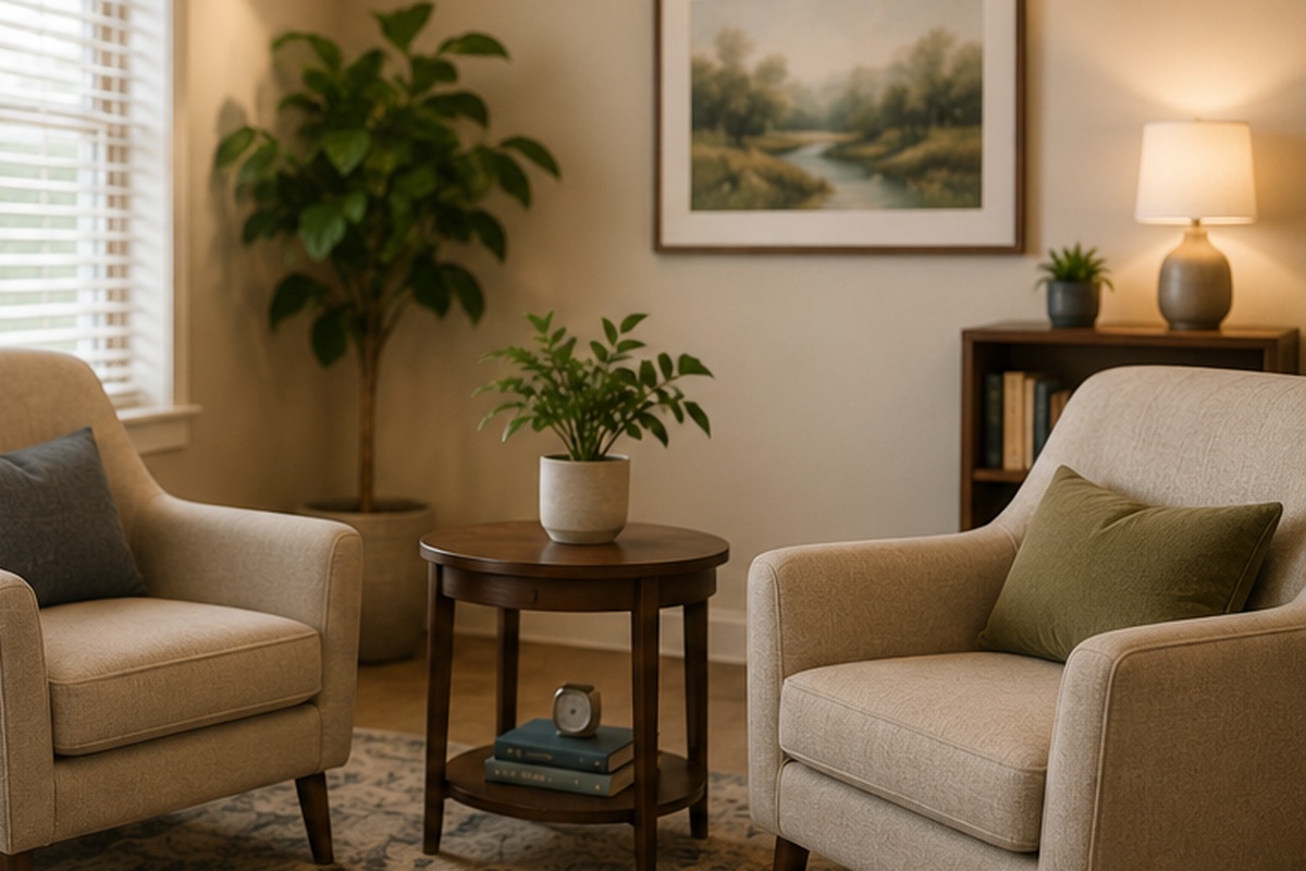 Warm psychiatry office seating area